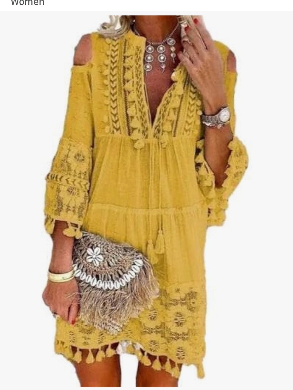 Mustard Yellow Cold-Shoulder Boho Tunic Dress